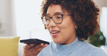 Voice call, phone and woman on sofa talking, communication or networking on mobile app or voip....