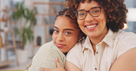 Woman, friends for selfie, vlog or profile picture together with facial expression at home. Happy women smiling for photo, memory or funny online social media post in friendshiの写真素材