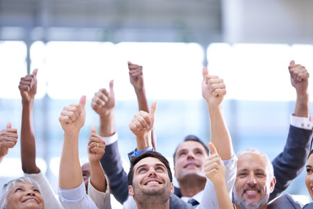 Hands, portrait and business people with thumbs up for teamwork, success and happy. Group, like...