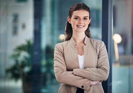 Arms crossed, smile or portrait of businesswoman with confidence, happy face or empowerment....