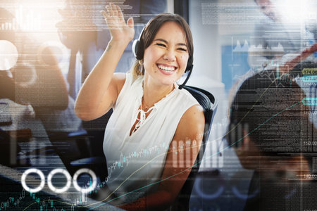 Call center, high five and happy people in overlay with graphs, statistics and data. Telemarketing,...