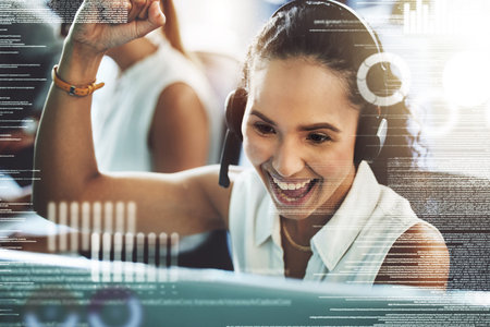 Call center achievement, overlay and a woman with a computer for trading and online progress or...