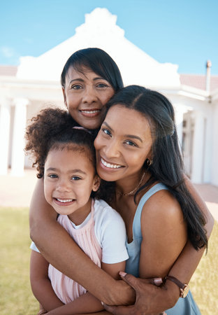 Mother, smile and portrait of grandma with girl outdoor at home backyard, bonding and having fun. Happy, face and grandmother, mom and child with love, care and family enjoying hug time together.の写真素材