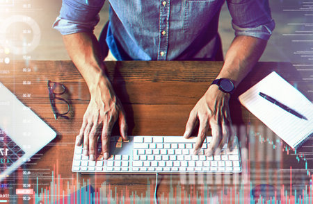 Overlay, man typing on keyboard with digital hologram and social network connection for online communication. Data analysis or laptop, programming or tech and hand of male person writing an emailの写真素材