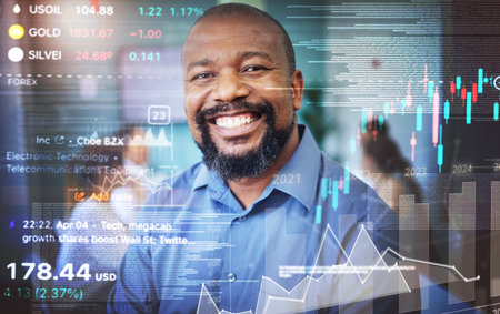 Stock market, data and portrait of black man with overlay of business, statistics and information on investment. Happy, face and businessman or trader with financial profit, success or analyticsの写真素材