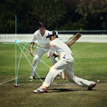 Boy, cricket or body injury on sports field with glowing, red  effect from batting action. Kid, child or batting athlete with stress, graph hologram or muscle pain from wicket mistakeの写真素材