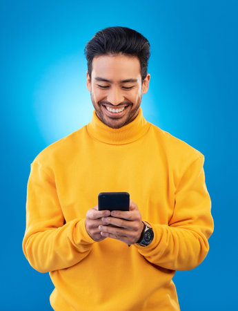 Phone, happy and young man or student for social media, college feedback or news, email and online...