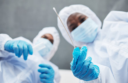 Science, csi and evidence with people during a medical investigation closeup from below as a team....