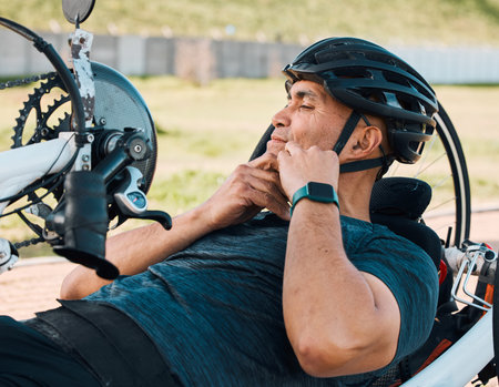 Helmet, athlete and a man with a disability and bike for handicap race, fitness and recumbent...
