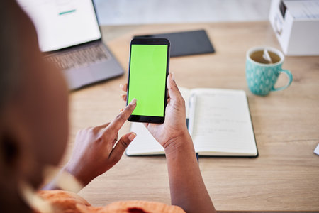 Phone, remote work or hands of woman with green screen on ui mockup display or cellular technology. Space, house or copywriter with cellphone for social media or online communication on mobile appの写真素材