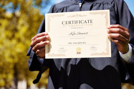 College, hands and closeup of a graduation diploma for success, achievement or goal. Scholarship, college and zoom of graduate, student or person holding degree or diploma scroll for educationの写真素材