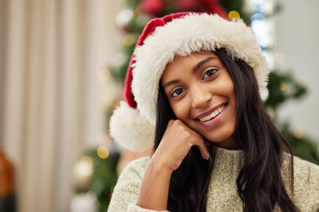 Happy woman, portrait and Christmas hat for celebration, festive season or gift giving time at home. Face of female person with smile in relax for holiday, weekend or December party by tree in houseの写真素材