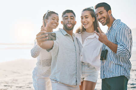 Happy friends, selfie and beach for memory, photo or picture in goofy or silly fun together in...