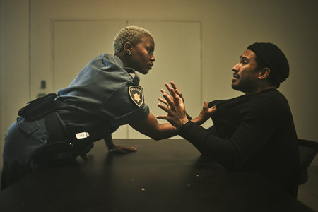 Interrogation, criminal and police with man in jail for threatening, violence and hostage in...