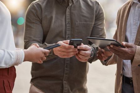 Tablet, phone or hands of people on social media to share digital info or content together in city...