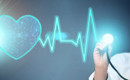 Doctor, hands and 3d heart hologram for cardiology, BPM or monitoring against a studio background. Hand of person, medical or healthcare professional with stethoscope for digital beats or medicareの写真素材