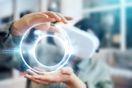 Virtual reality, woman in headset and hologram in office for design, future technology and digital...