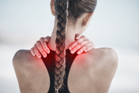 Back pain, red and woman for fitness or exercise injury, sports risk or muscle healthcare outdoor. Medical, spine and person massage for anatomy problem in training, cardio or workout overlayの写真素材