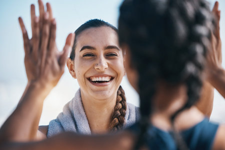 High five, fitness success and woman with workout celebration, winning and exercise goals or...