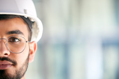 Architecture, space and portrait of man on construction site for engineering, design and building. Mockup, real estate and property with face of contractor for renovation, builder and maintenanceの写真素材
