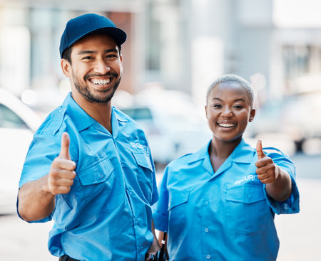 Security guard, safety officer and team thumbs up on street for protection, trust or support. Law enforcement, happy and hand sign of crime prevention man and black woman in uniform outdoor in cityの写真素材