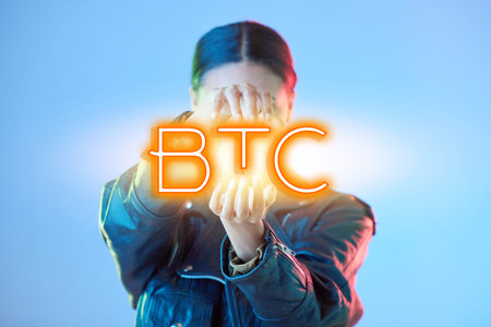 Woman, hologram and btc with finance, business and promotion against a blue studio background....