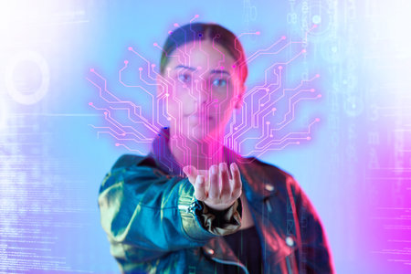 Hologram, neon chart and portrait of woman in studio for cyberpunk, metaverse and user experience. Virtual reality, futuristic and female person with software overlay, network and digital art in handの写真素材