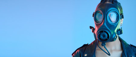 Mockup, safety and woman with a gas mask, breathing equipment and girl against a blue studio background. Female person, model and face cover for clean air, eco friendly and protection with pollutionの写真素材