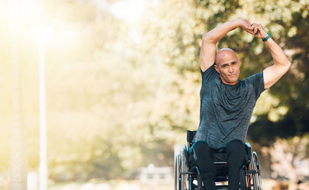Stretching, start and wheelchair user man in park for training, workout or health portrait. Fitness,...