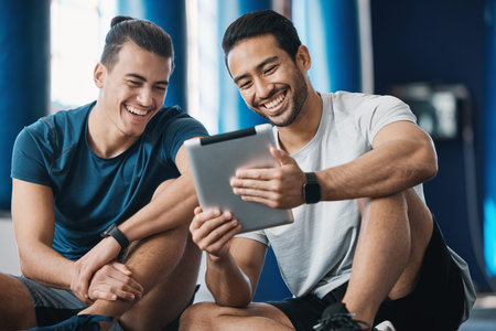 Happy, social media or personal trainer with a tablet for fitness training, workout or sports...