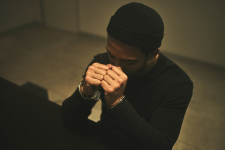 Interrogation, worry and criminal with handcuffs in jail for investigation, stealing and theft in station. Arrested suspect, law and man praying with anxiety, worry and scared in prison for crimeの写真素材