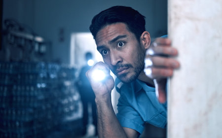 Security, police and man with flashlight for investigation, inspection and property search on night...
