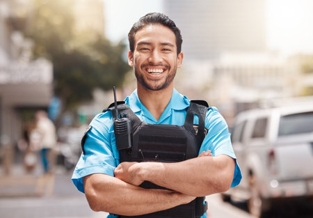 Security guard, safety officer and happy portrait of man outdoor to patrol, safeguard and watch. Professional Asian male on city street for crime prevention, law enforcement and service with a smileの写真素材