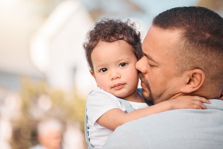 Love, dad and portrait of child hugging, family bonding mockup with support and trust in safety of parents embrace. Security, future hope and father with baby, hug and spending quality time together.の写真素材