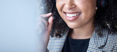 Call center, woman and mouth talking for communication, customer service and CRM at computer with...