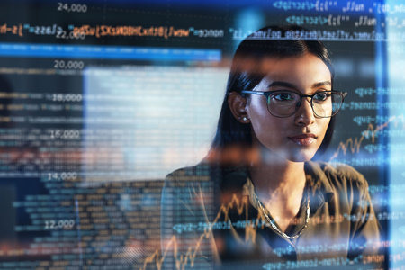 Software, coding hologram and woman in data analytics, information technology and gdpr overlay....
