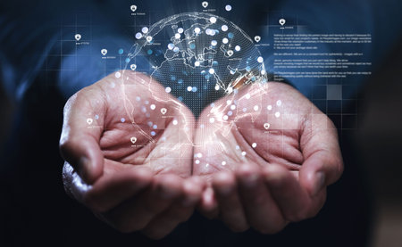 Hands, global network and future technology hologram for communication, networking or ai. Earth,...