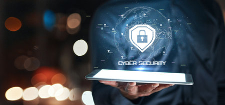 Cyber security, hand and tablet with hologram of safety lock icon for network, information or data....
