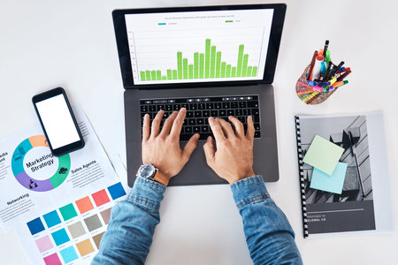 Laptop, statistics and person working on market research, strategy or planning for business, startup...