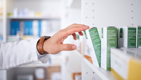 Pharmacist hand, shelf and boxes with choice, packing stock and inventory inspection in shop. Pharmacy manager, package and product label for healthcare, pills and health with drugs in retail storeの写真素材