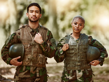 Soldier, military and portrait of man and woman in gear in nature for service, protection and...