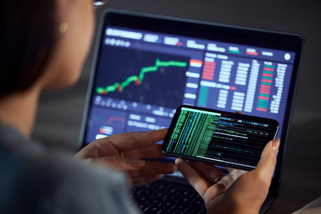 Woman, hands and phone on stock market for trading, profit or financial increase or coding at night...