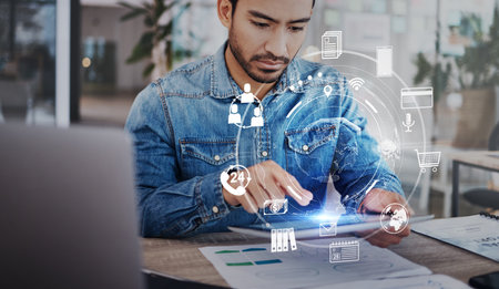 Man, tablet and startup with hologram app ui, web design or creativity for seo with dashboard. Developer, digital touchscreen and typing for futuristic application, programming or holographic menu uxの写真素材