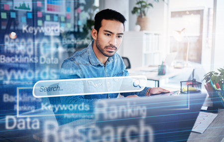 Man, tablet and hologram for seo startup, ux web design and planning with 3d text overlay in office. Developer, digital touchscreen and laptop with holographic search bar, charts and stats for codingの写真素材