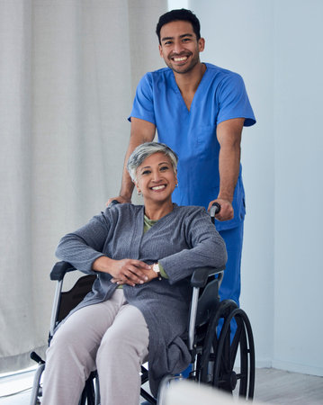 Happy male nurse, woman with disability in wheelchair and medical trust for wellness, support and...