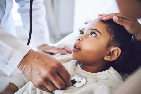 Hands, stethoscope and doctor with child for heart healthcare, breathing or check lungs for wellness...