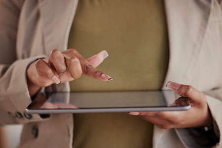 Business woman, hands or scroll on tablet for planning research, company data or internet information. Closeup of female worker with digital technology for online network, website or user applicationの写真素材