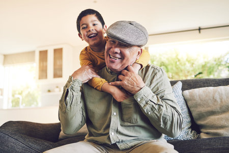 Hug, grandfather and boy with a smile, relax and love with quality time, cheerful and weekend break...