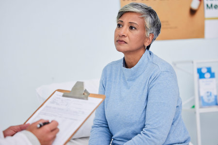 Clipboard, consulting and doctor with patient for healthcare support, elderly exam and insurance...