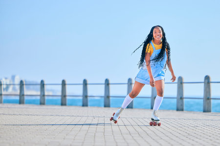 Skating, portrait and woman with happiness on the promenade for fun and weekend skate. Summer, smile...